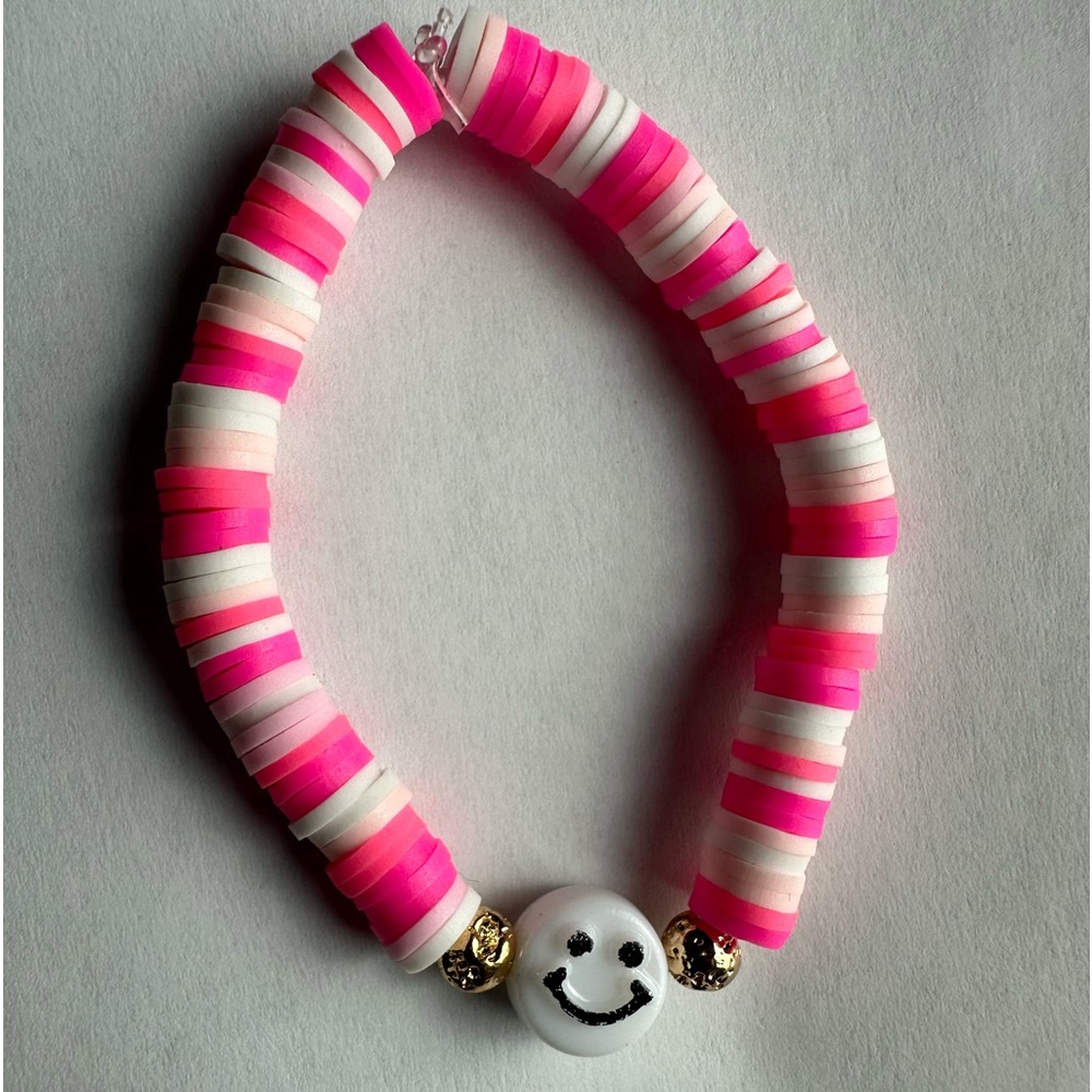 Pink and White Smiley Face Bracelet with gold beads (kids)
